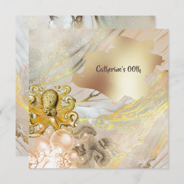 Octopus modern faux gold ocean coral nautical chic invitation (Front/Back)
