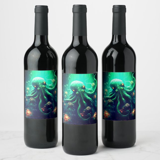 Octopus Mythical Nautical Under the Sea Creatures Wine Label (Bottles)
