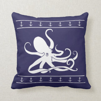 Octopus Nautical Anchor navy Blue Throw Pillow
