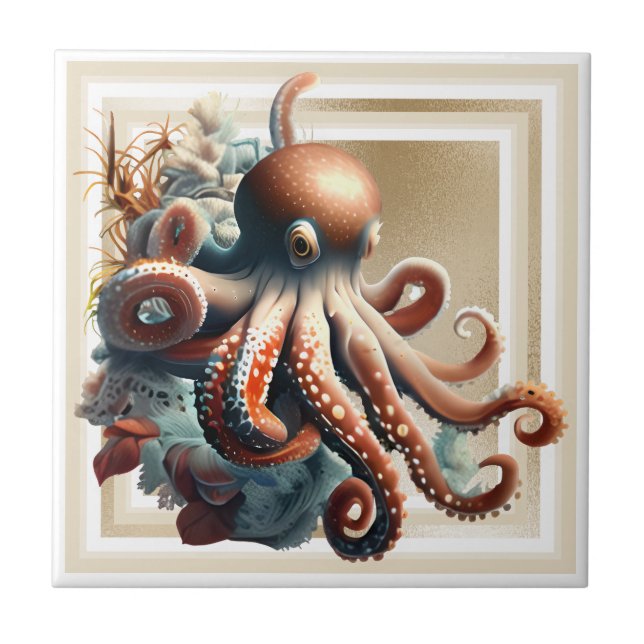 Octopus nautical marine sea gold orange glam ceramic tile (Front)