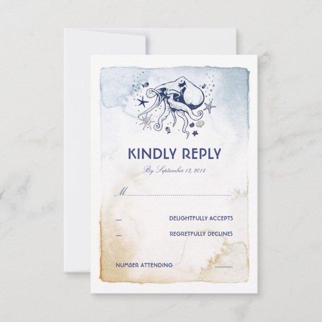 Octopus Nautical Navy Watercolors Wedding RSVP Card (Front)