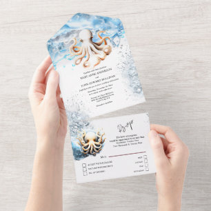 Octopus ocean waves blue white beach coastal sea  all in one invitation
