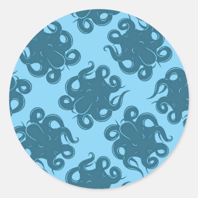 Octopus On Blue Pattern Classic Round Sticker (Front)