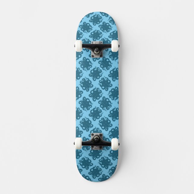 Octopus On Blue Pattern Skateboard (Front)