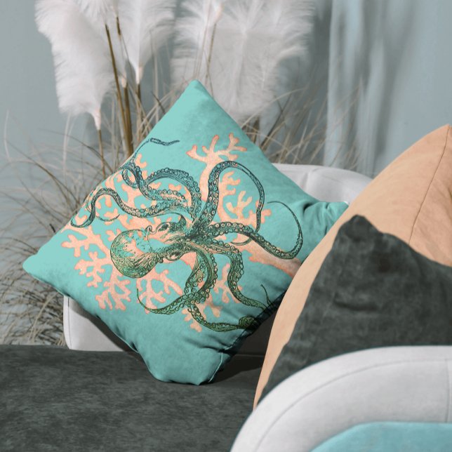 Octopus on Coral Modern Cushion (Available with indoor and outdoor fabrics)