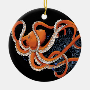 Octopus Orange Mandal Blue Ceramic Ornament