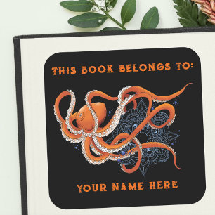 Octopus Orange Mandala Blue Bookplate Square Sticker