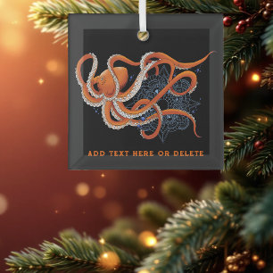 Octopus Orange Mandala Blue Glass Tree Decoration