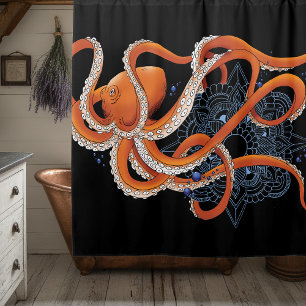 Octopus Orange Mandala Blue Shower Curtain