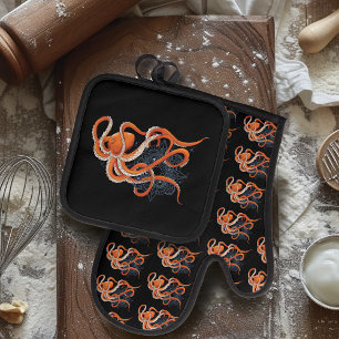 Octopus Orange Mandalla Blue Oven Mitt & Pot Holder Set