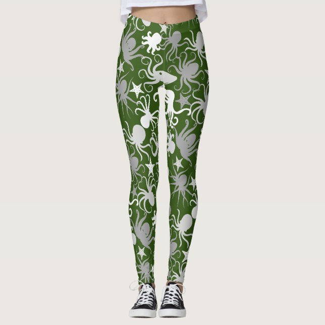 Octopus Pattern.b DGreen BG Leggings (Front)