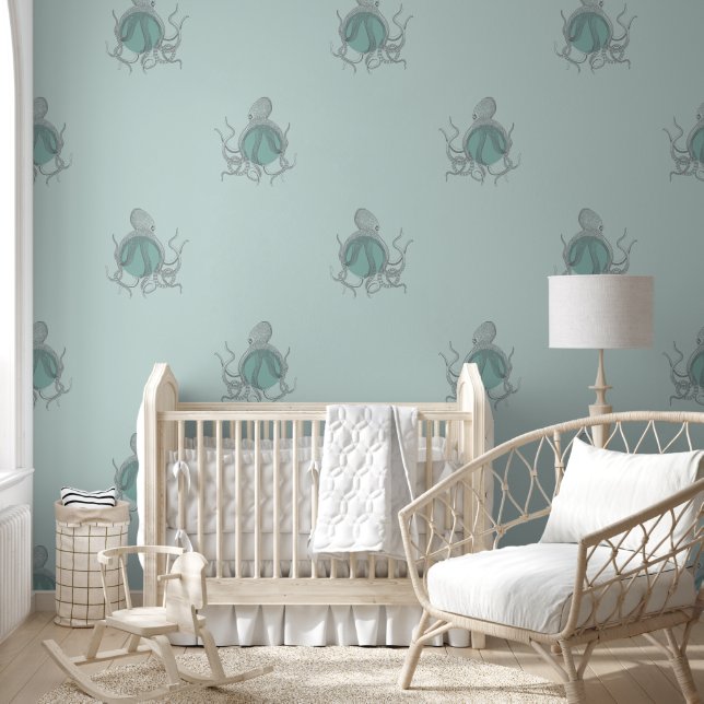 Octopus Pattern Blue and Green Under the Sea Wallpaper (Kids)