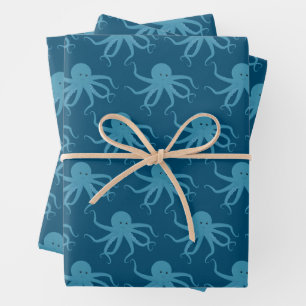Octopus Pattern Blue Animal Wrapping Paper Sheet