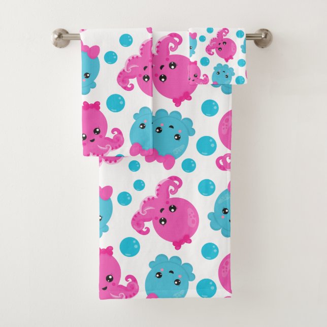 Octopus Pattern, Cute Octopus, Sea Animals Bath Towel Set (Insitu)