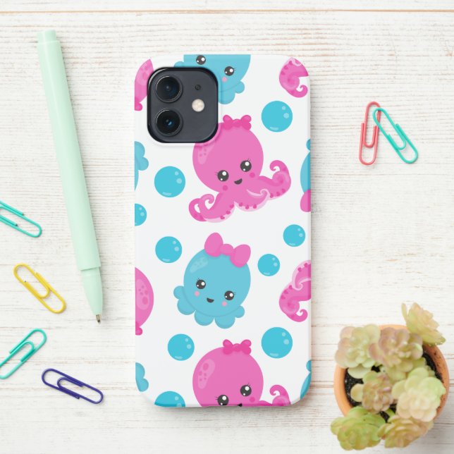 Octopus Pattern, Cute Octopus, Sea Animals iPhone Case (On Desk)