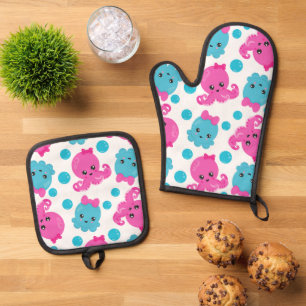 Octopus Pattern, Cute Octopus, Sea Animals Oven Mitt & Pot Holder Set
