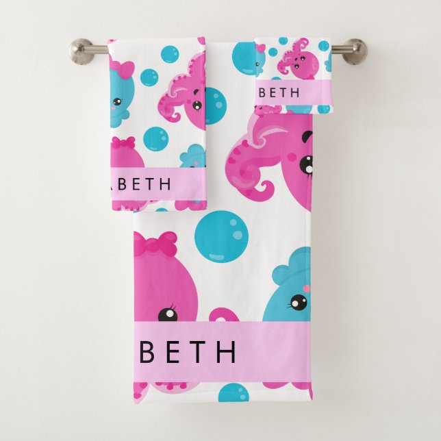 Octopus Pattern, Cute Octopus, Sea, Your Name Bath Towel Set (Insitu)