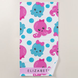 Octopus Pattern, Cute Octopus, Sea, Your Name Beach Towel