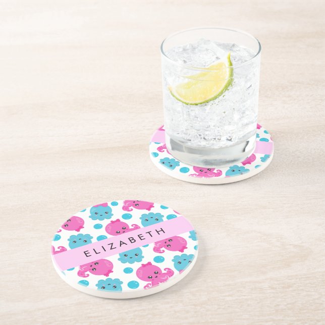 Octopus Pattern, Cute Octopus, Sea, Your Name Coaster (Side)