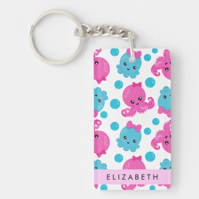 Octopus Pattern, Cute Octopus, Sea, Your Name Key Ring (Front)