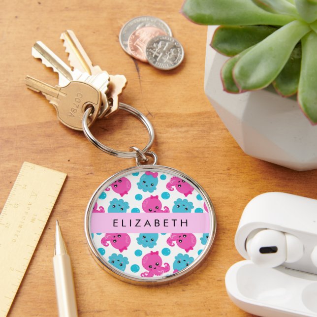 Octopus Pattern, Cute Octopus, Sea, Your Name Key Ring (Desk)