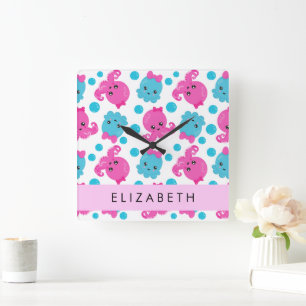 Octopus Pattern, Cute Octopus, Sea, Your Name Square Wall Clock