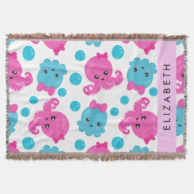 Octopus Pattern, Cute Octopus, Sea, Your Name Throw Blanket (Front)
