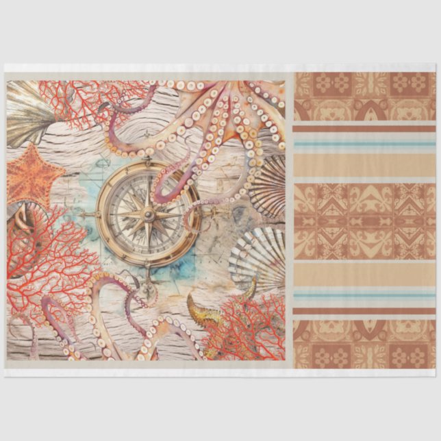 Octopus, pink coral shells compass decoupage paper (Front)