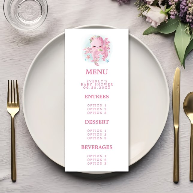 Octopus Pink Watercolor Girl Baby Shower Menu (Creator Uploaded)