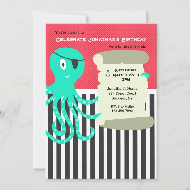 Octopus Pirate Birthday Invitation (Front)
