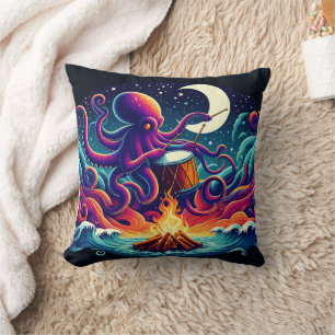 Octopus Playing Drum by Campfire Under Moonlight Cushion