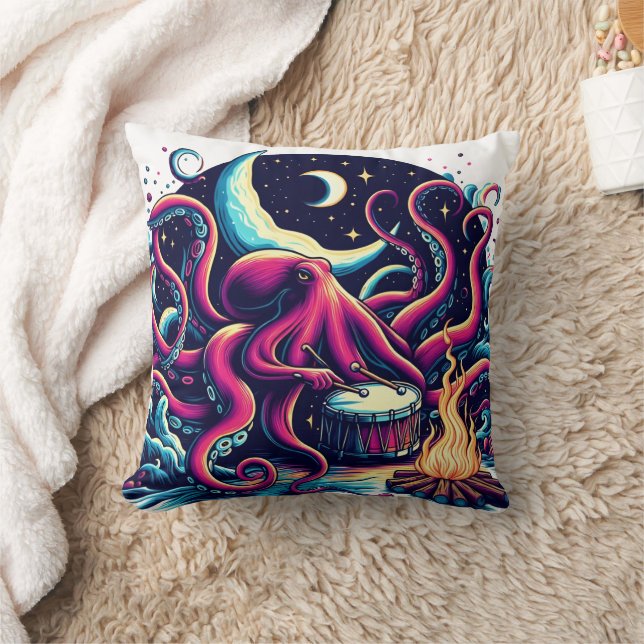 Octopus Playing Drum By Campfire Under Night Sky Cushion (Blanket)
