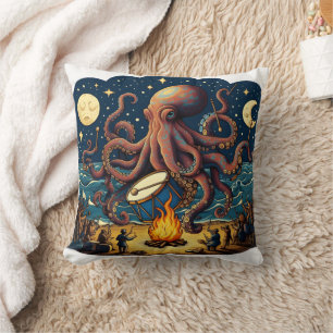 Octopus Playing Drum by Campfire Under Stars Cushion