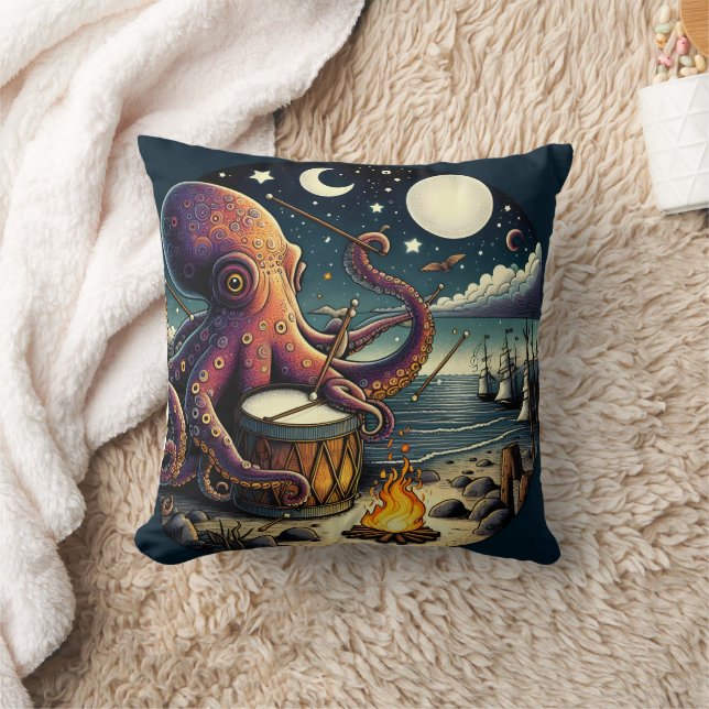 Octopus Playing Drum by the Seaside Campfire Cushion (Blanket)