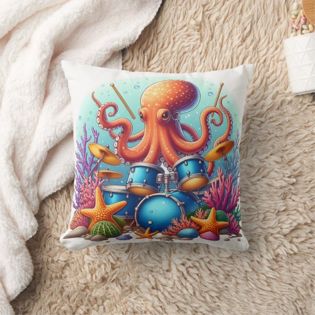 Octopus Playing Drums Among Colourful Coral Reef Cushion (Blanket)