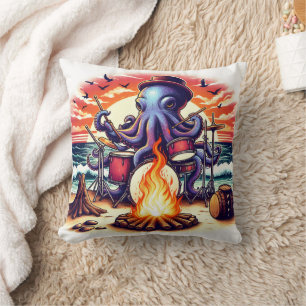 Octopus Playing Drums at Sunset Beach Campfire Cushion