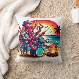 Octopus Playing Drums at Sunset Beach Party Cushion