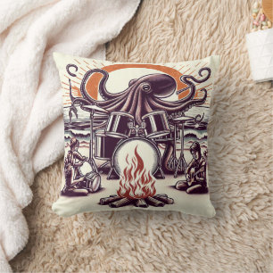 Octopus Playing Drums Beside Beach Campfire Cushion