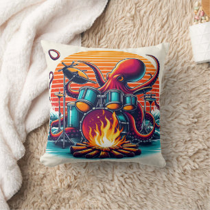 Octopus Playing Drums by a Campfire at Dusk Cushion