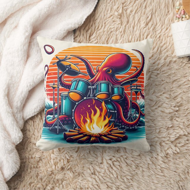 Octopus Playing Drums by a Campfire at Dusk Cushion (Blanket)