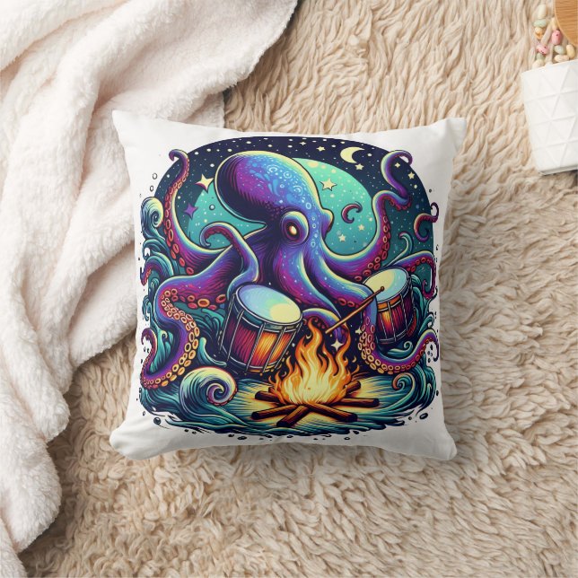 Octopus Playing Drums by a Campfire at Night Cushion (Blanket)