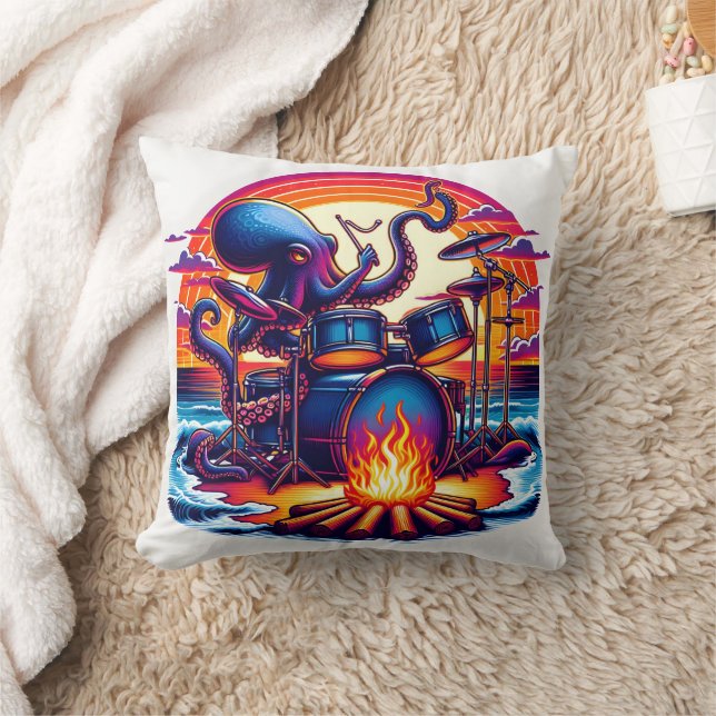 Octopus Playing Drums by a Campfire at Sunset Cushion (Blanket)