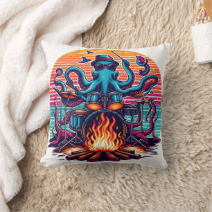 Octopus Playing Drums by a Colourful Campfire Cushion