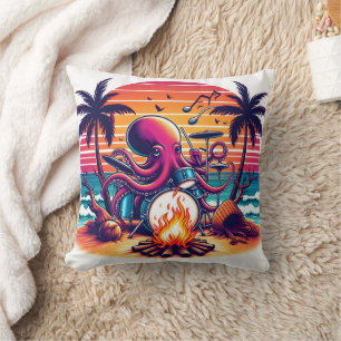 Octopus Playing Drums by Campfire at Sunset Cushion