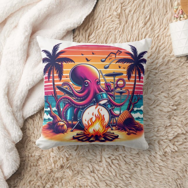 Octopus Playing Drums by Campfire at Sunset Cushion (Blanket)