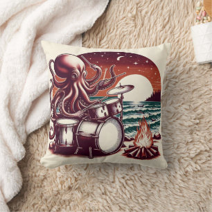Octopus Playing Drums by Campfire at Sunset Cushion