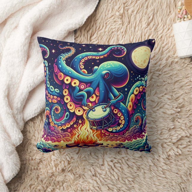 Octopus Playing Drums by Campfire Under Moonlight Cushion (Blanket)