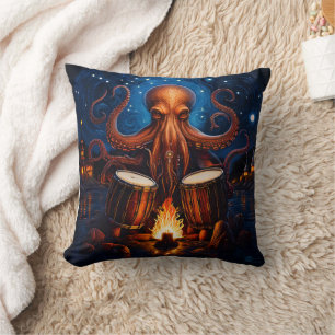 Octopus Playing Drums by Campfire Under Starry Sky Cushion