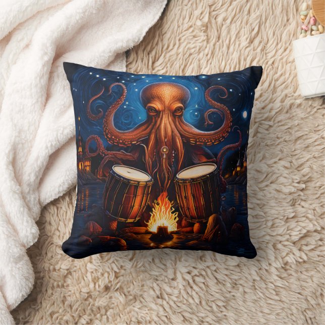 Octopus Playing Drums by Campfire Under Starry Sky Cushion (Blanket)