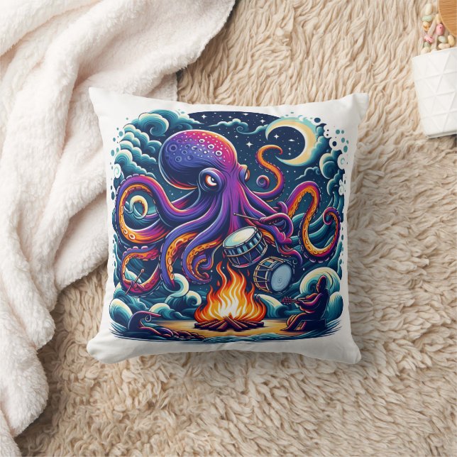 Octopus Playing Drums By Moonlit Campfire Cushion (Blanket)